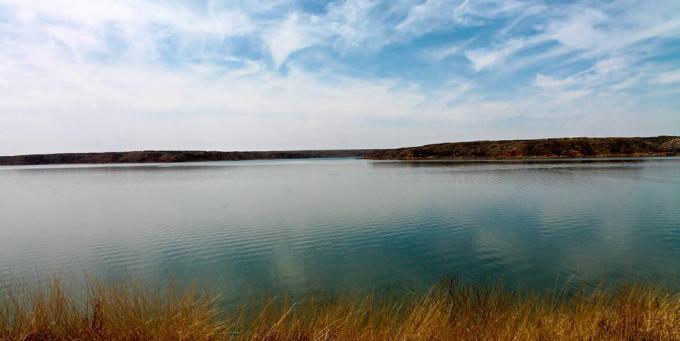 језерски пејзаж са травом, језеро Мередит, Тексас, САД