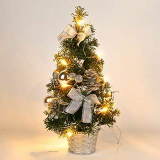 Мринб мала божићна јелка са светлима, мини стабло за декорацију за кућну канцеларију (сребрна)